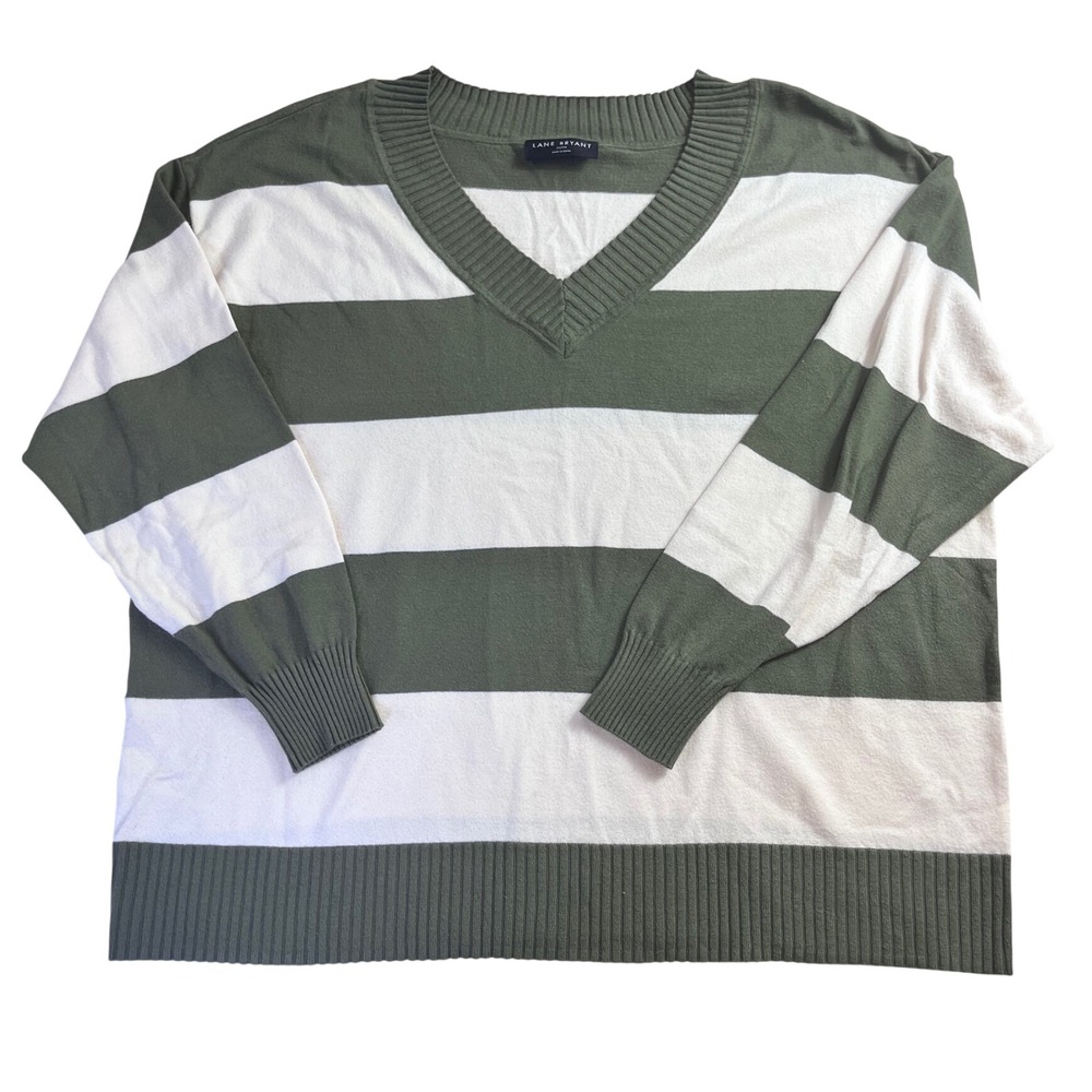 Lane Bryant Olive Green Cream Striped V-Neck Sweater sz 22/24 Comfy Cozy Soft